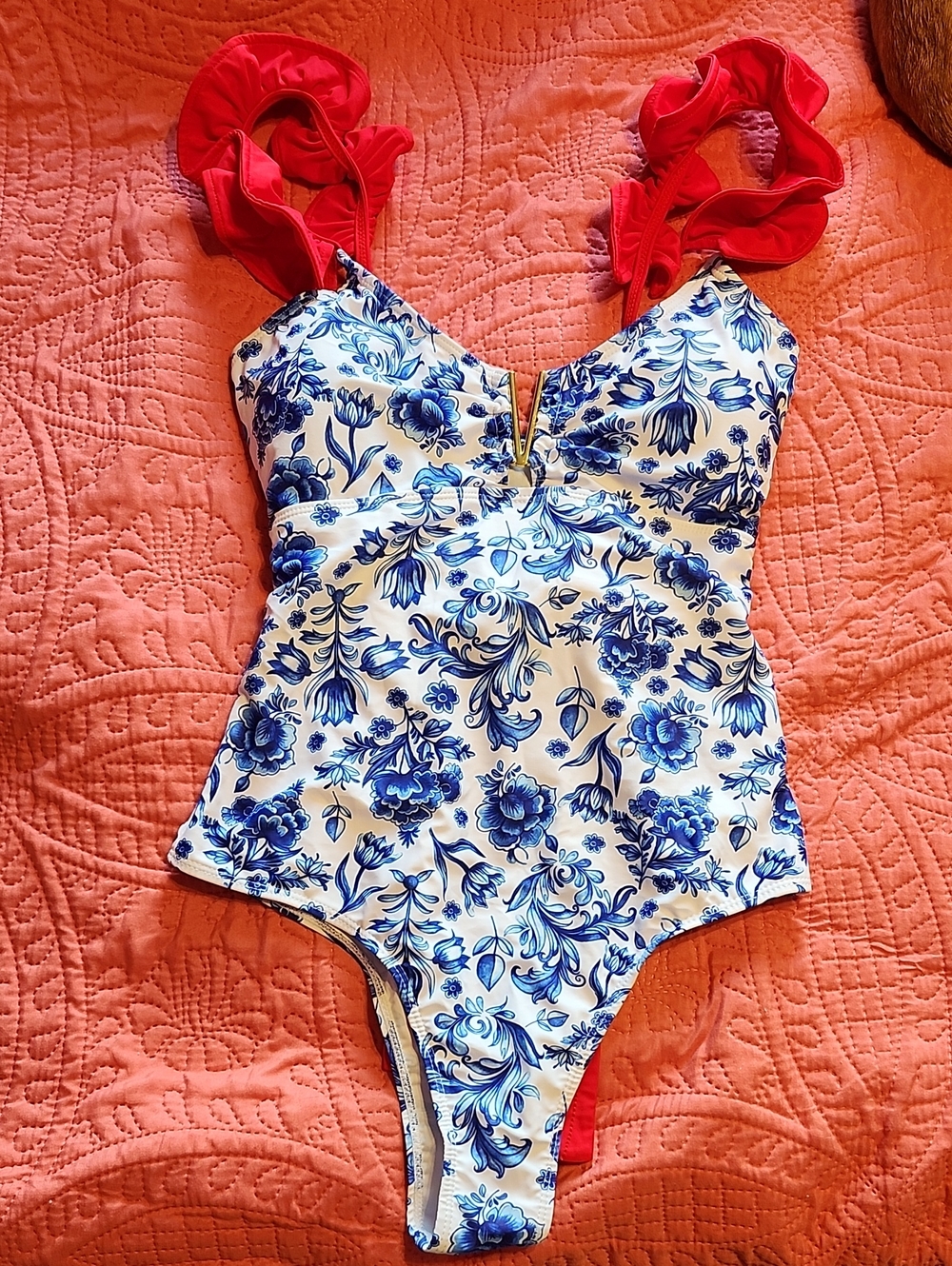 Blue Floral One-Piece Swimsuit with Red Ruffle Straps And Bow